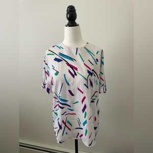 Jessica White Colorful Pattern Short Sleeve Top - Vintage Size 12
